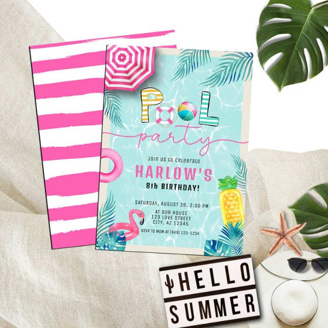Convite Aniversário da festa da Piscina da garota do verão (Criador carregado)