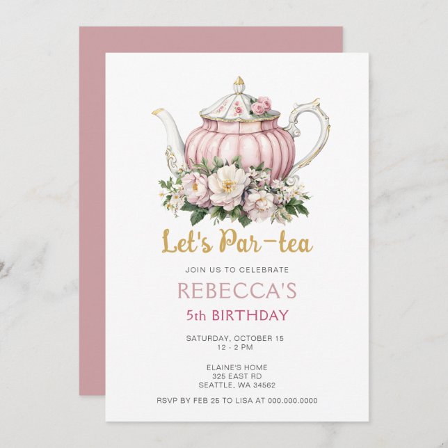 Convite Aniversário da Festa de Chá Dourada Rosa (Frente/Verso)