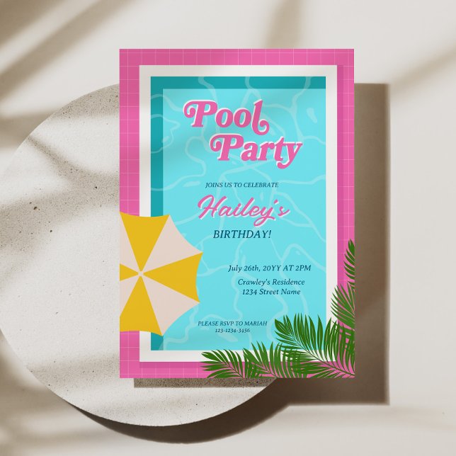 Convite Aniversário da Festa de piscina Convidar Rosa (Pool Party Birthday Invite Pink)
