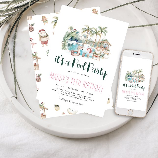 Convite Aniversário da Festa de Piscina de Natal Tropical (Criador carregado)