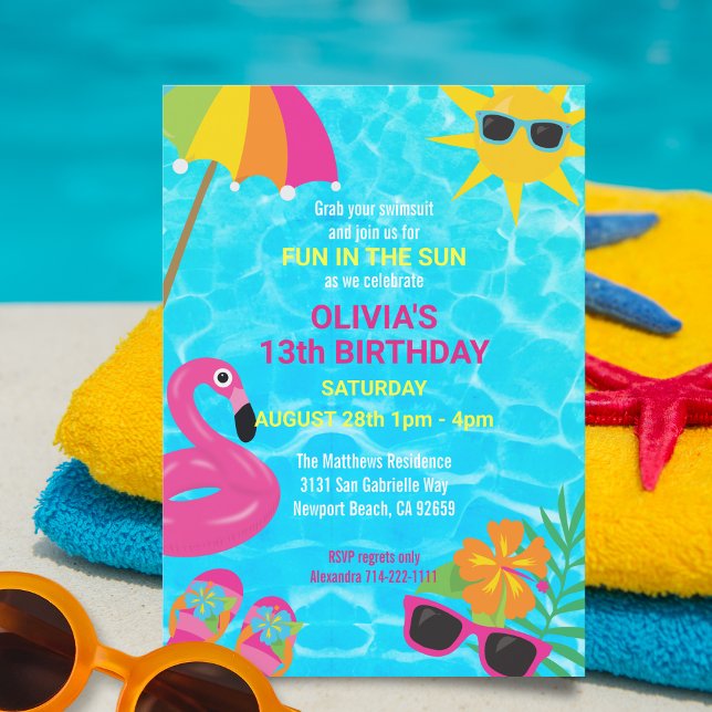Convite Aniversário da Festa de Piscina de Verão (This colorful pool party invitation is perfect for a kid's, teen's or adult's birthday celebration!)