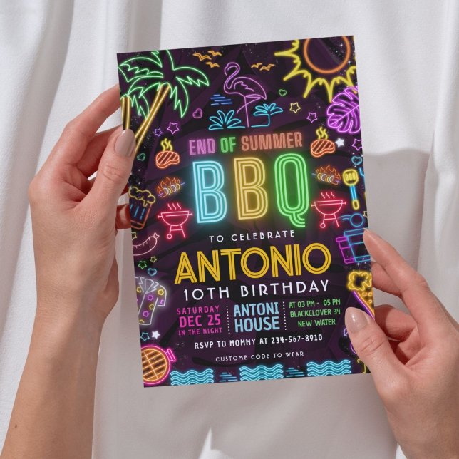 Convite Aniversário da Festa de Piscina Neon - Fim do Verã (BBQ birthday invitation, neon summer party)