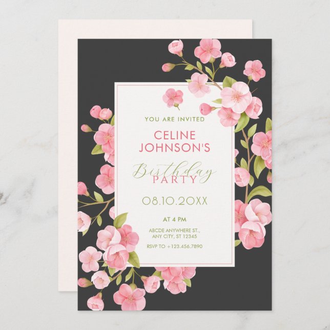 Convite Aniversário da flor da serra rosa preta (Frente/Verso)