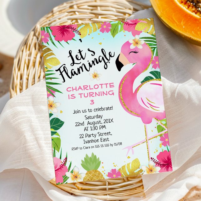 Convite Aniversário da Folhagem Floral Rosa Vamos Flamingl (Flamingo Birthday Invitation Template Instant Download Printable, Let's Flamingle Birthday Invite)
