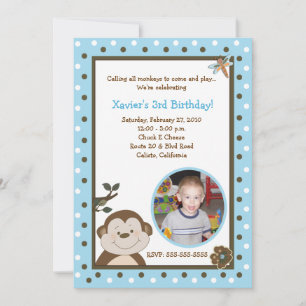 Convite Aniversário da FOTO Azul do Bambino Monkey 5 x 7