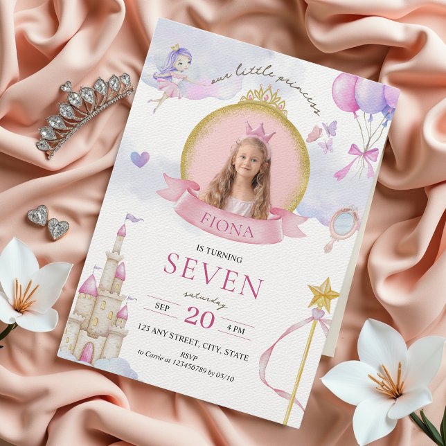 Convite Aniversário da Foto da Dourada Princesa Fairytale  (Little Princess Birthday Invitation with Photo, Gold Pink Glitter, Fairytale Whimsical Aesthetic)