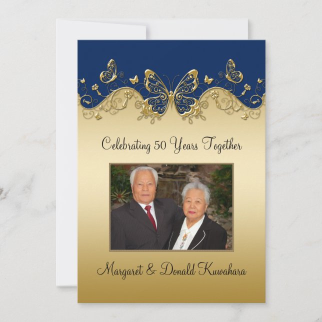 Convite Aniversário da foto das borboletas 50th do marinho (Frente)