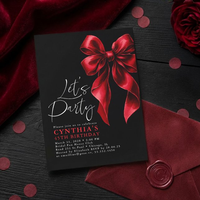 Convite Aniversário da Gala Elegante do Arco Vermelho e Ne (Red Bow Black Birthday Invitations)