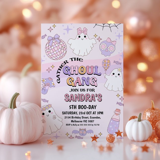 Convite Aniversário da Gangue do Halloween de Onda Rosa (Halloween Ghoul Gang Birthday Invitation, Retro Purple Pink Ghoul Gang Halloween Birthday Invitation)