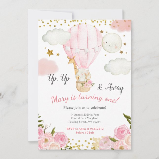 Convite Aniversário da Garota do Balão de Ar quente com an (Frente)