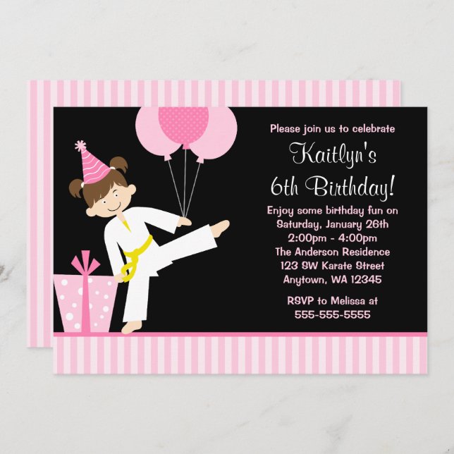 Convite Aniversário da Garota do Karate, Balões Rosa (Frente/Verso)