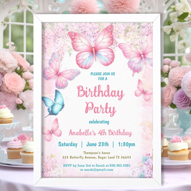 Convite Aniversário da Garota Floral de Verão Rosa Pastel (Pink Pastel Floral Summer Butterfly Girl Birthday Invitation)