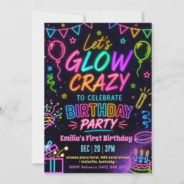 Convite Aniversário da Garota Glow Crazy (Frente)