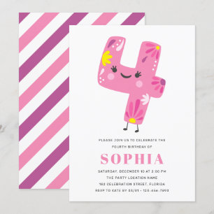 Convite Aniversário da Garota Rosa-Rosa Moderna - 4º Ani