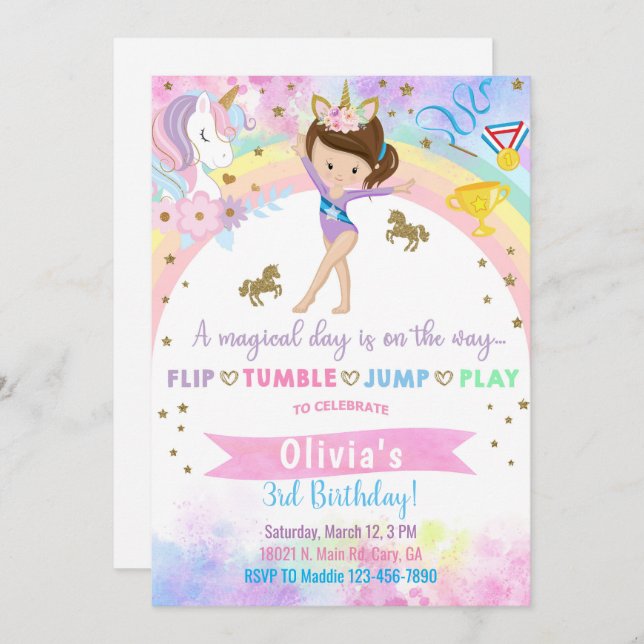 Convite Aniversário da ginástica da ginástica da Unicórn. (Frente/Verso)