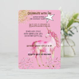 Convite Aniversário da Glitter do Unicórnio Rosa Dourado