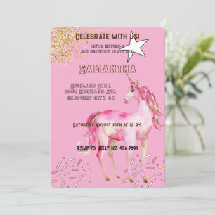 Convite Aniversário da Glitter do Unicórnio Rosa Dourado