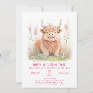 Convite Aniversário da Highland Cow e Pampas Grass Girl