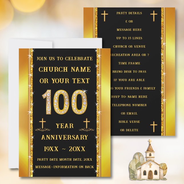 Convite Aniversário da Igreja de 100 Anos, Atirando Diaman (100 year church anniversary invitations. Black and Gold, 100th church anniversary. )