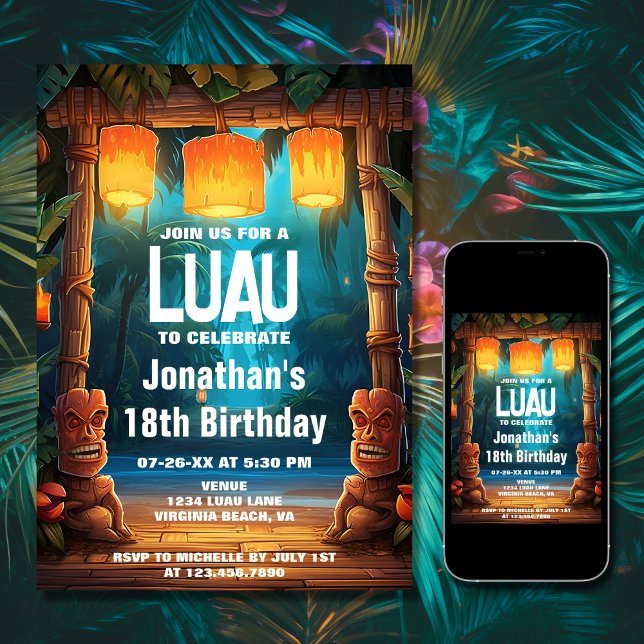 Convite Aniversário da Ilha Tropical Hawaiana, Tiki Luau (Printed and Digital - Tiki Luau Hawaiian Tropical Island Beach Birthday Invitation)
