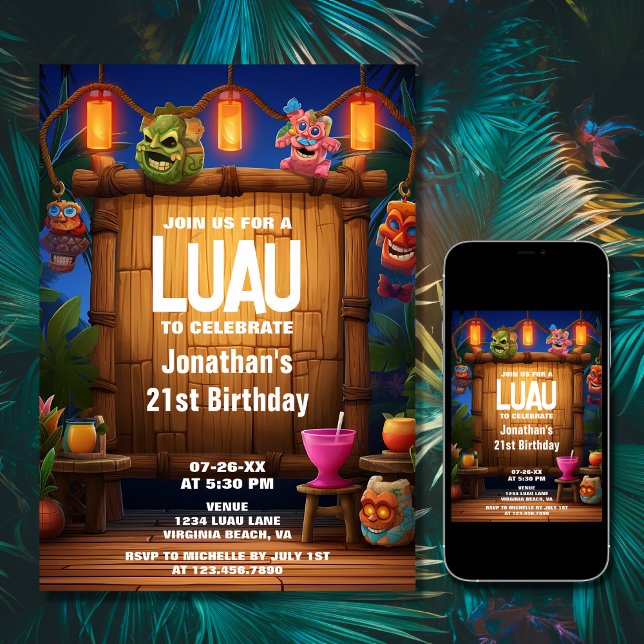 Convite Aniversário da Ilha Tropical Hawaiana, Tiki Luau (Printed and Digital - Tiki Luau Hawaiian Tropical Island Beach Birthday Invitation)