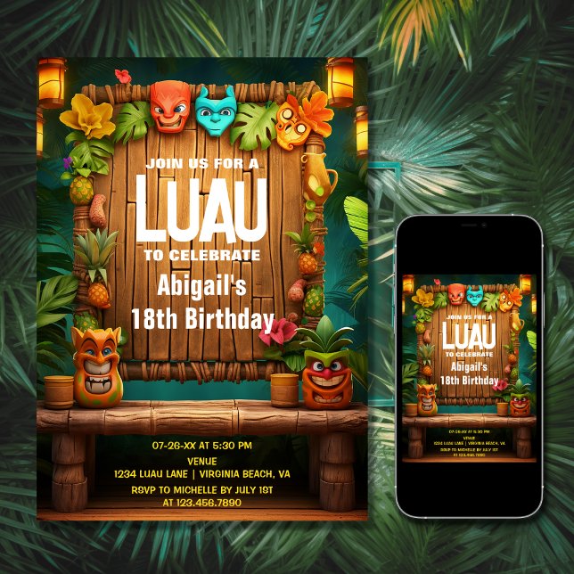 Convite Aniversário da Ilha Tropical Hawaiana, Tiki Luau (Printed and Digital - Tiki Luau Hawaiian Tropical Island Beach Birthday Invitation)