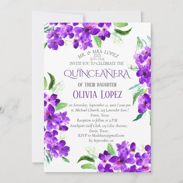Convite Aniversário da Lavanda Roxa da Quinceañera Moderna (Frente)