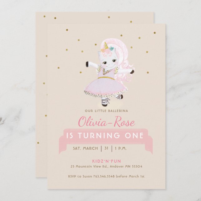 Convite Aniversário da Magia Ballerina Unicorn Blush Rosa  (Frente/Verso)