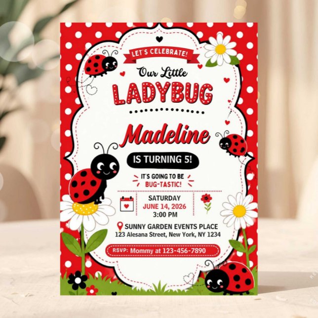 Convite Aniversário da Margarida da Joaninha Vermelha Fofa (ladybug birthday invite, ladybug invitation, bug birthday party, girl birthday invite, editable birt)