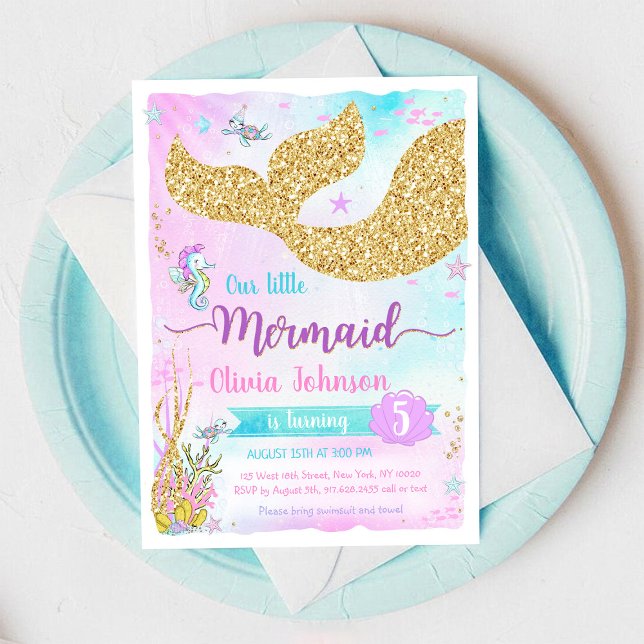 Convite Aniversário da Menina Arco-Íris Sereia Debaixo do  (Criador carregado)