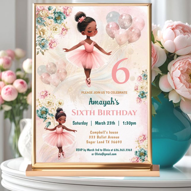 Convite Aniversário da Menina Ballerina, Negra-Rosa, Flora (Pink Teal Floral Dark Skin Ballerina Girl Birthday Invitation)