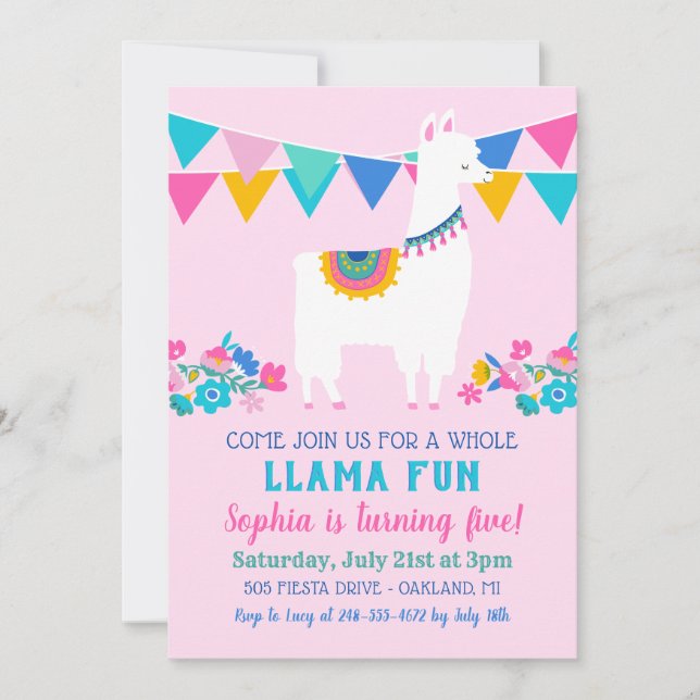 Convite Aniversário da Menina com Diversão de Llama Floral (Frente)