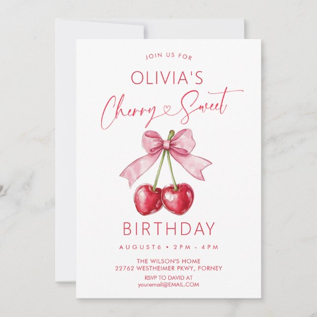 Convite Aniversário da menina com laço rosa cereja (Frente)