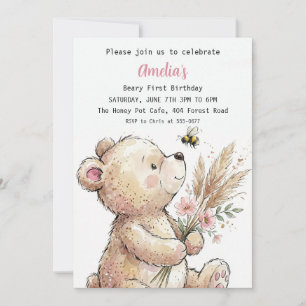 Convite Aniversário da Menina do Urso de Aquarela Doce