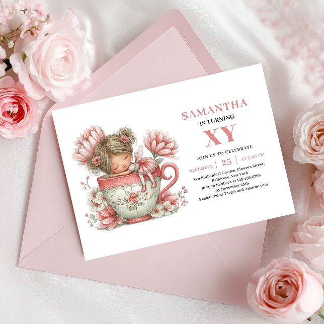 Convite Aniversário da Menina Fada Rubor Floral Rosa Chá d (Fairy Girl 1st Birthday Blush Floral Pink Invitation)