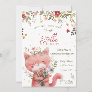 Convite aniversário da menina gato com flores silvestres