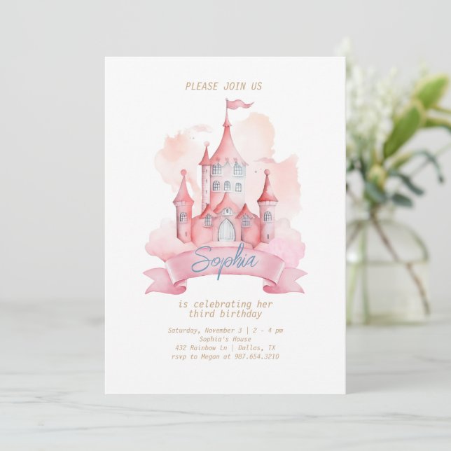 Convite Aniversário da Menina no Castelo da Princesa Rosa  (Em pé/Frente)