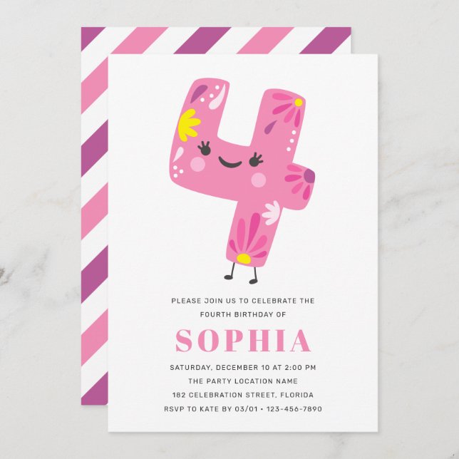 Convite Aniversário da Menina Rosa Moderna - Quarto Aniver (Frente/Verso)