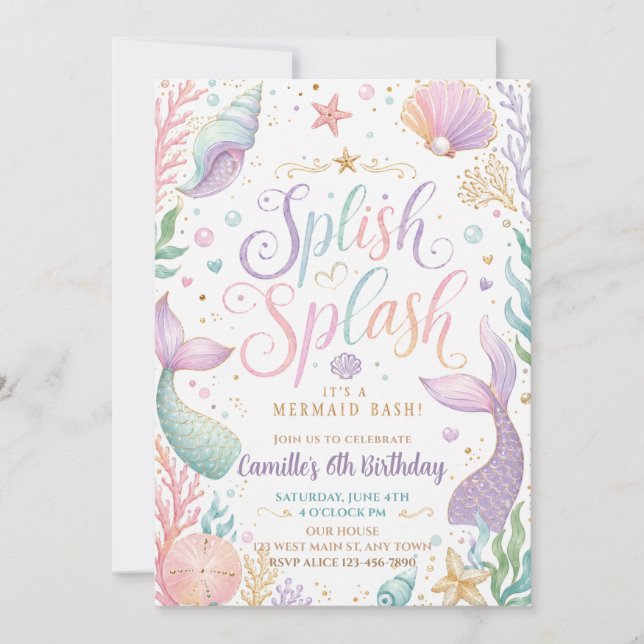 Convite Aniversário da Menina Splash da Sereia Pastel (Frente)