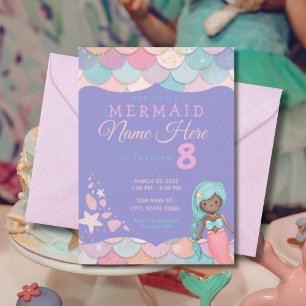 Convite Aniversário da Mermaid Pastel Pink Purple Teal Gir