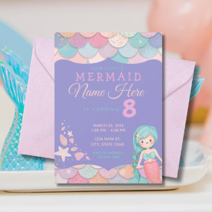 Convite Aniversário da Mermaid Pastel Pink Purple Teal Gir