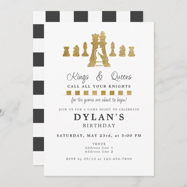 Convite Aniversário da Noite do Jogo Chess Chamem Seus Cav (Frente/Verso)