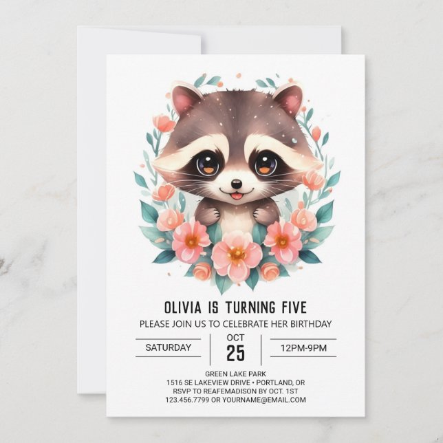Convite Aniversário da Pastel Flowers Raccoon (Frente)
