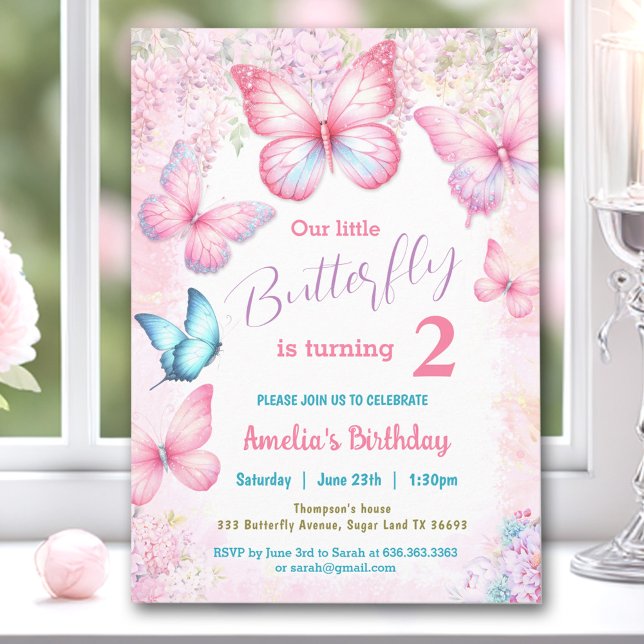 Convite Aniversário da Pequena Borboleta Rosa Floral de Ve (Little Butterfly Pink Floral Summer Girl Birthday Invitation)
