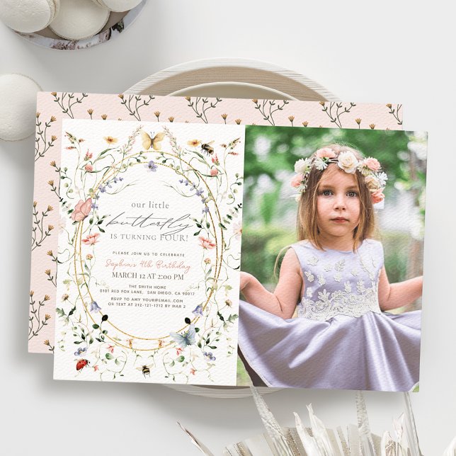 Convite Aniversário da Pequena Flor Selvagem de Borboleta (Criador carregado)