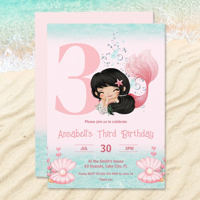 Convite Aniversário da Pequena Sereia Darda Cabelo Rosa (Birthday invitation with cute mermaid with dark hair. For blonde please visit the store :))