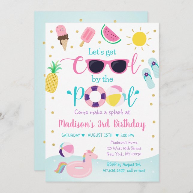 Convite Aniversário da Piscina de Festa Dourada Rosa (Frente/Verso)