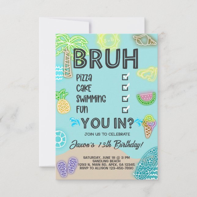Convite Aniversário da Piscina de praia, néon brilha, te t (Frente)