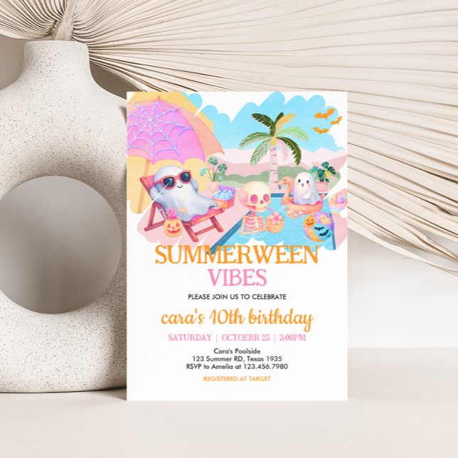 Convite Aniversário da Piscina de Verão (Summerween Halloween Pool Birthday Invitation)