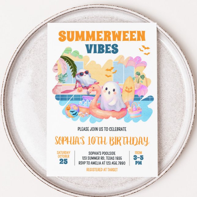 Convite Aniversário da Piscina de Verão (Summerween Halloween Pool Birthday Invitation)